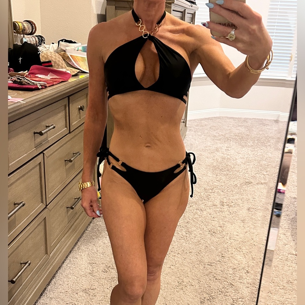 Bahimi Malibu Halter Black Licorice Bikini with Gold Accents, Small